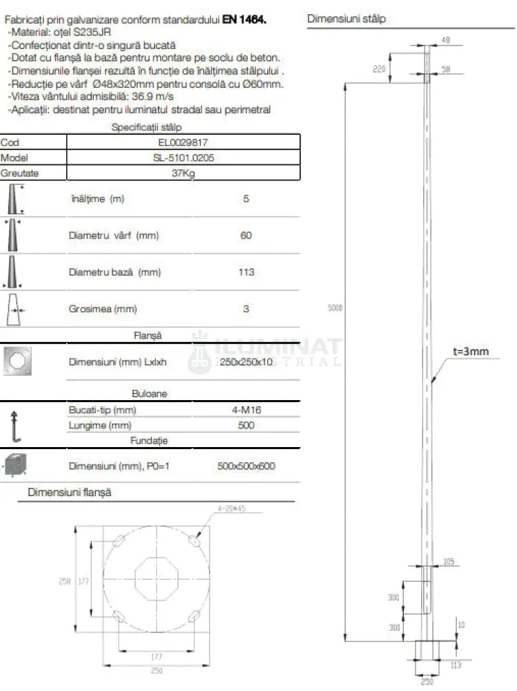 Stalp Iluminat Stradal Galvanizat Flansa 5 Metri