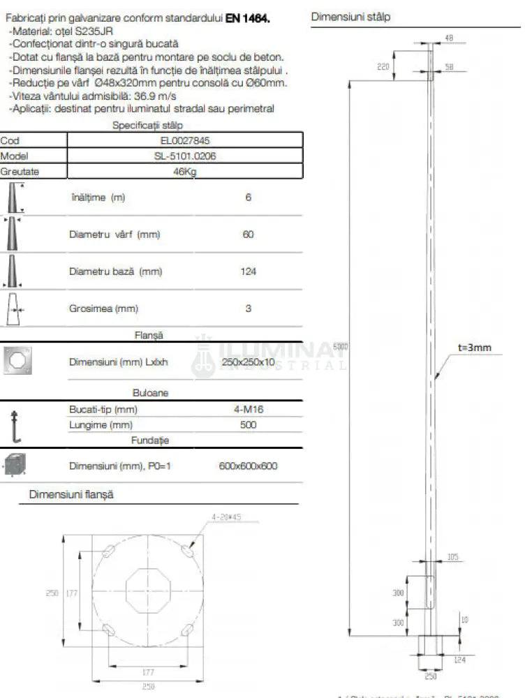 Stalp Iluminat Stradal Galvanizat Flansa 6 Metri