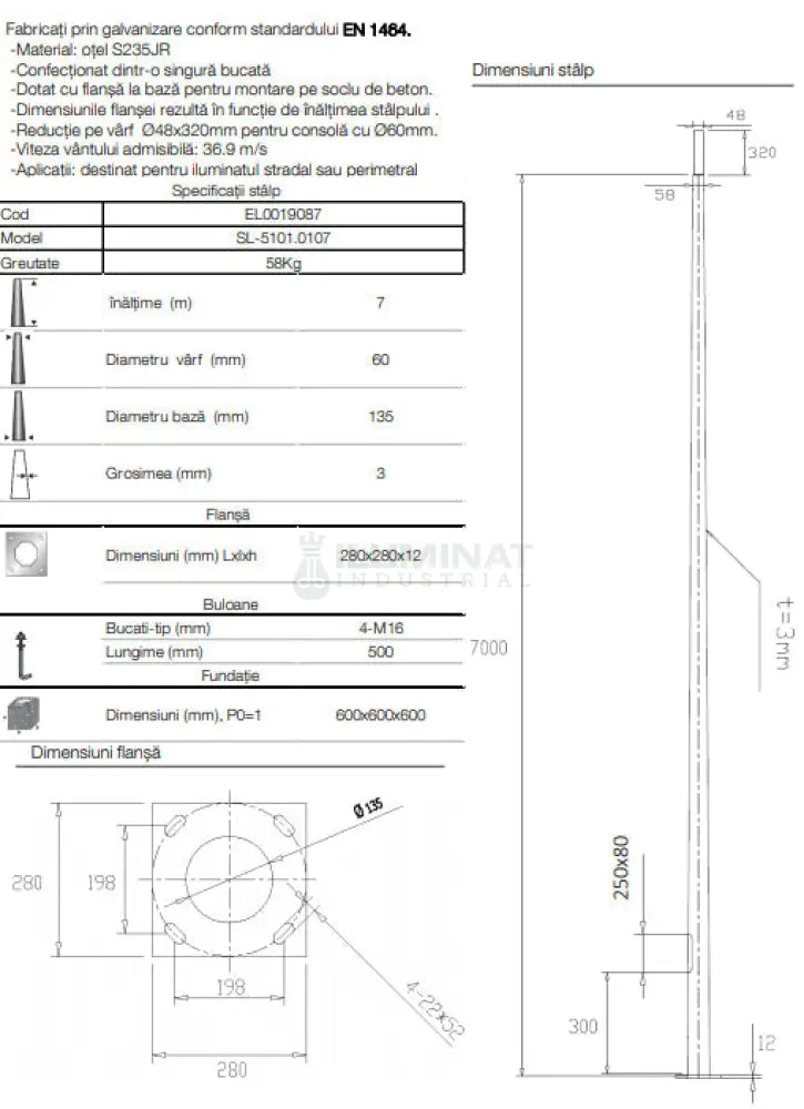 Stalp Iluminat Stradal Galvanizat Flansa 7 Metri