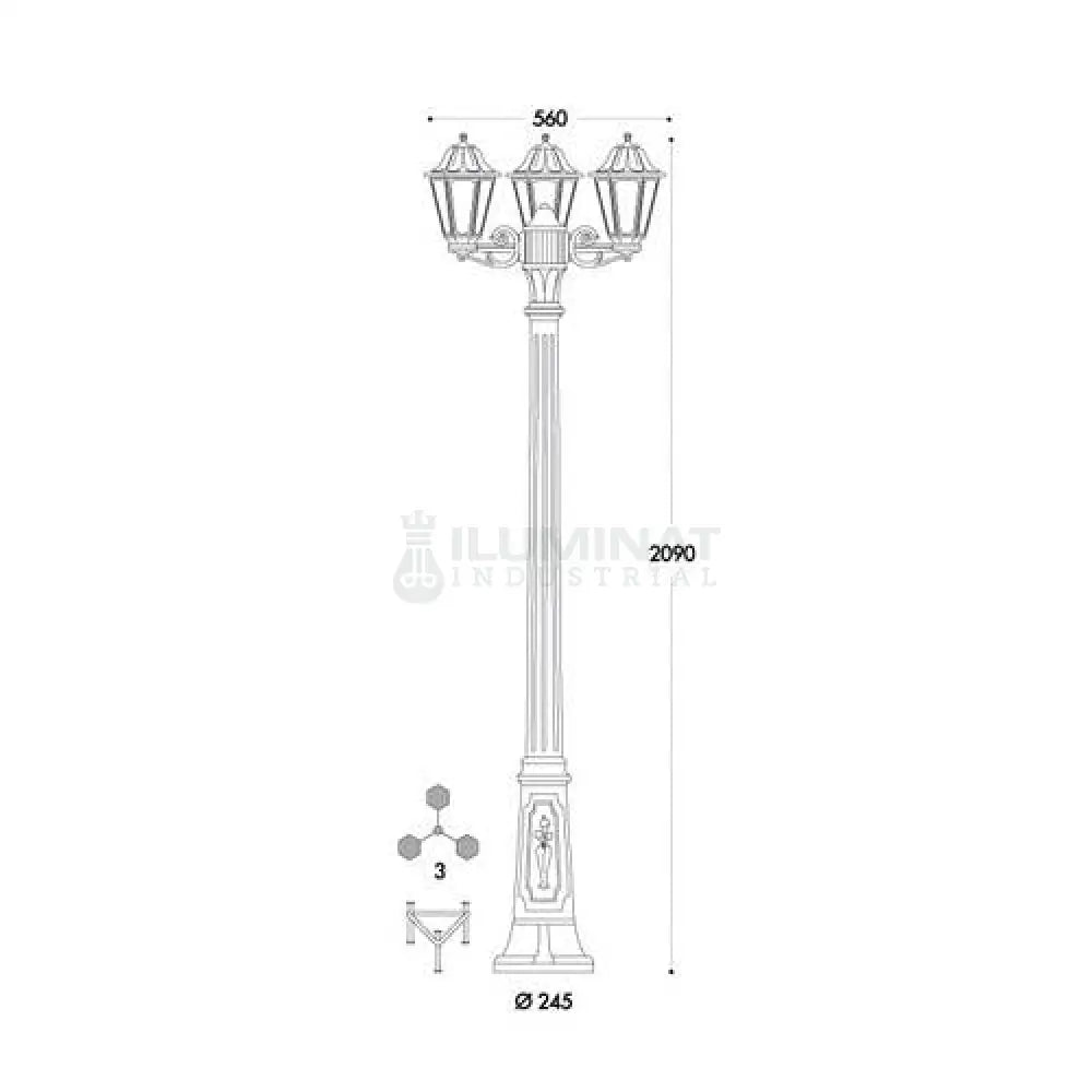 Stalp Ornamental 2 Metri Echipat Cu 3 Felinare Anna Fumagalli